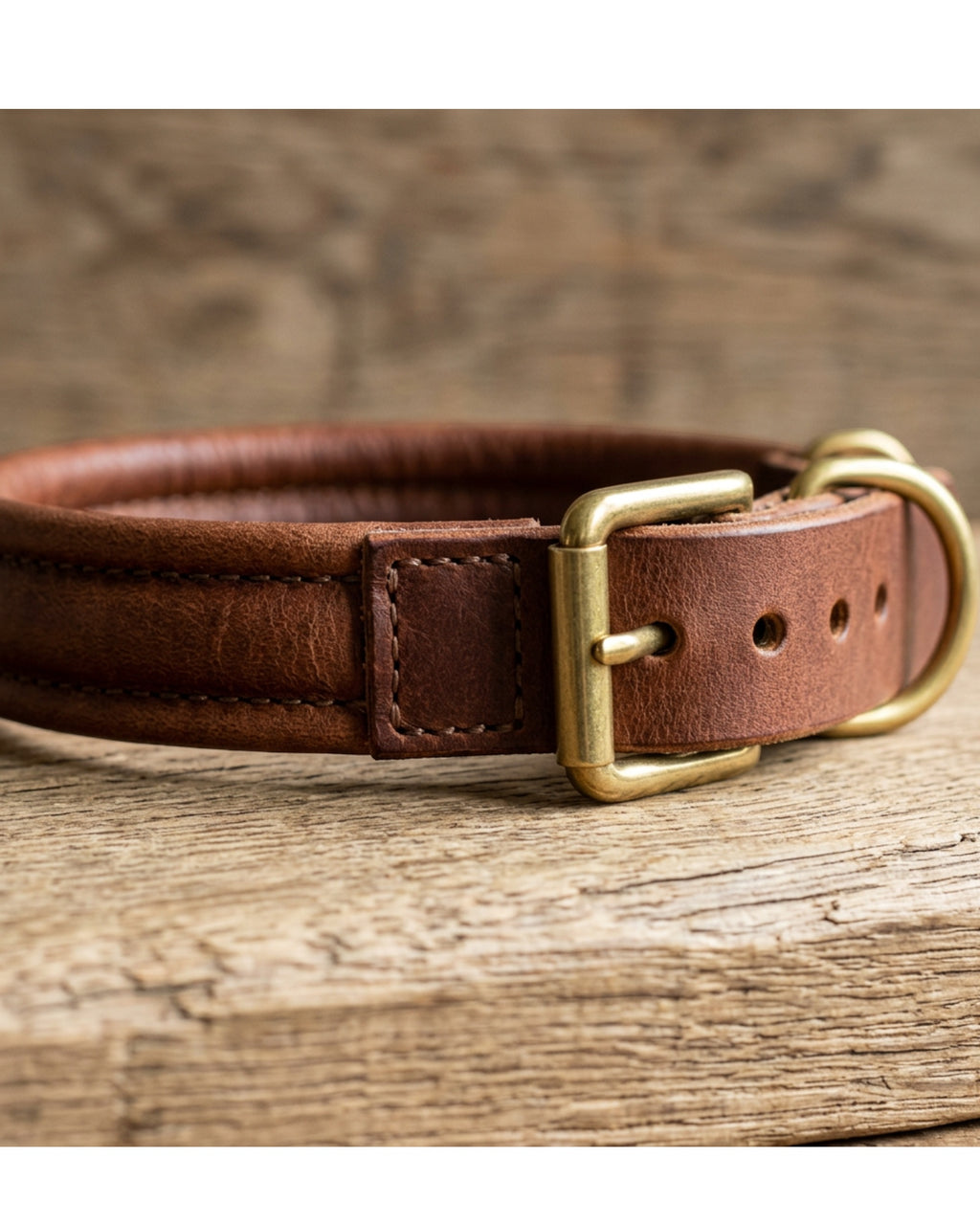 Resd Rolled Leather Pet Collar 32-42 cm Chestnut Brown - Detail view